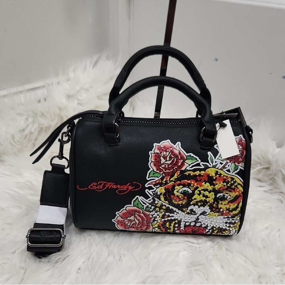 Ed Hardy Black Satchel with Tiger and Rose Rhinestone Vegan Leather Satchel